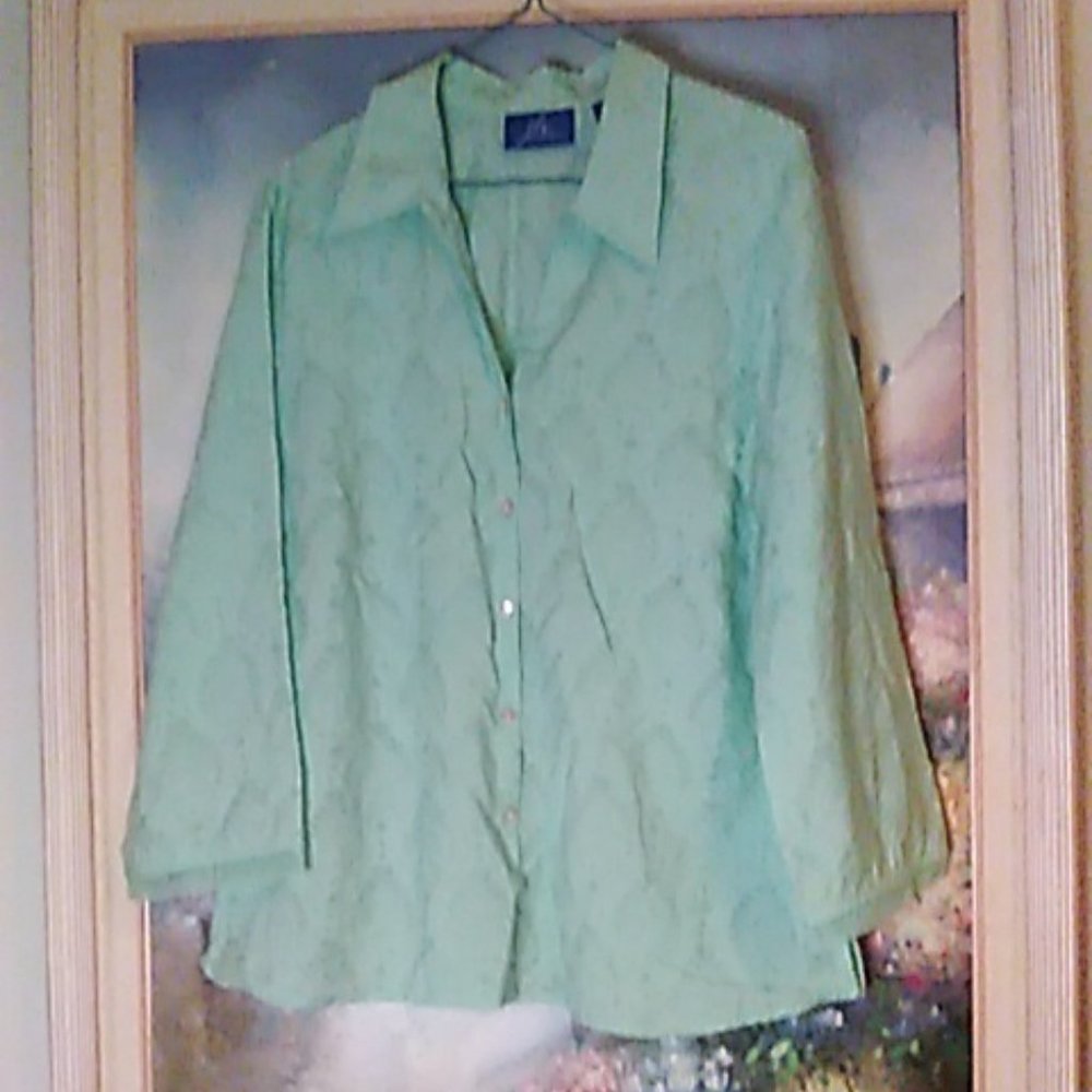 J. H. Collectibles Blouse Large Mint Green Crinkle Fabric Button Down